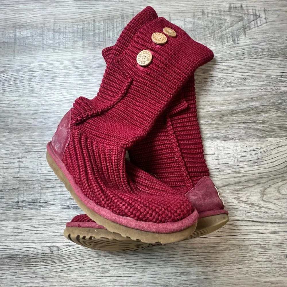 UGG Lattice Cardy Boots Womens 8 Burgundy Red Knit‎ 3-Button Tall 5819